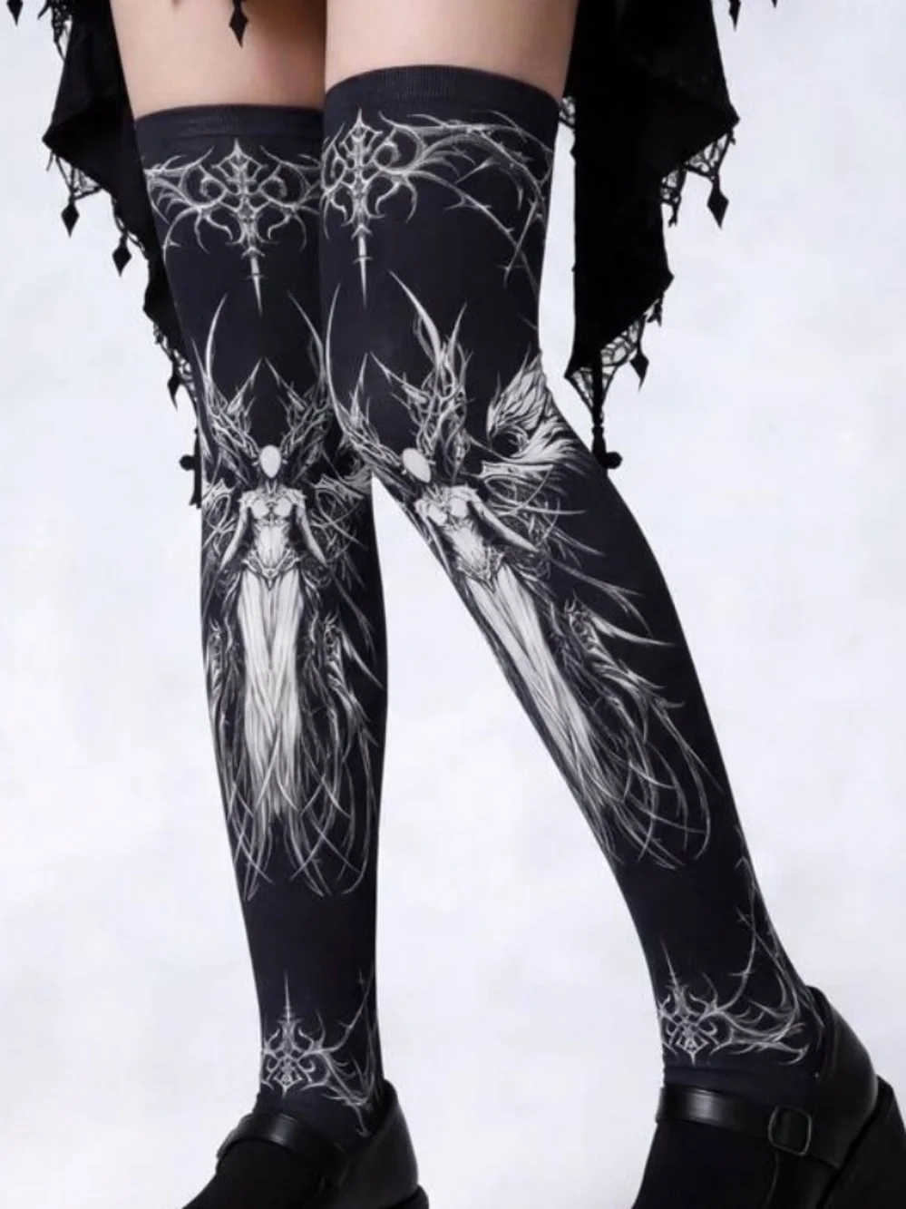 Gothic Angel Graphic Over-the-Knee Tights - Black/White